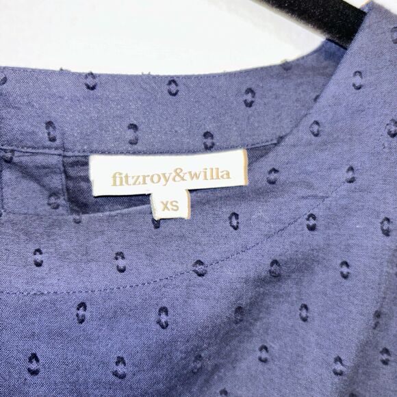 Fitzroy & Willa XS Dress Navy Blue Eyelet Puff Sleeve Preppy Classy Minimal Corp - Picture 2 of 11